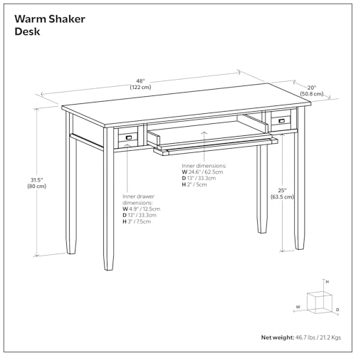 Image of SIMPLIHOME Warm Shaker Desk - 48 Inch Wide Solid Wood Writing Desk in Light Golden Brown, Transitional Home Office Computer Table for Workspace or Study with Flip-Down Keyboard Tray and 2 Drawers