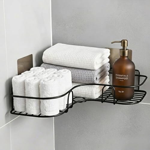 Image of Corner Shelf Storage for Bathroom Kitchen Organizer Rack Stainless Multi-Purpose, No Drill Required, Shampoo Towel and Soap Holder (Pack of 1) (Black)