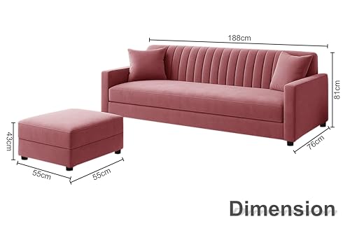 Image of Los Angeles Modern 3-Seater Wooden Sofa Set with Ottoman, Soft Velvet Upholstery, Comfortable Couch for Living Room, Office & Apartment - Rose Pink Color