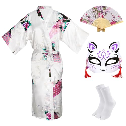 CRFASIBE Kimono Robe Japonés para Mujer, Japonés Traje Tradicional para Fiestas, Kimono Estampado Peacock con Máscara, Ventilador Manual y Calcetines Set Completo(Blanco,XL)