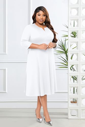 Runwind Plus Size Midi Dress for Women Cocktail Casual Church 3/4 Sleeve V Neck Work A-Line Dresses with Pockets2
