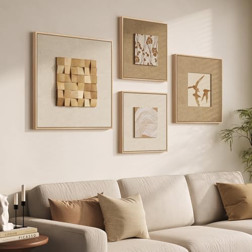 Large Framed 3D Neutral Wood Wall Art for Living Room,