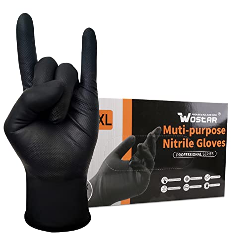 Wostar Black Raised Diamond Texture 8 Mil Nitrile XLarge Glove Latex & Powder Free 100 Count Black Nitrile Disposable Glove