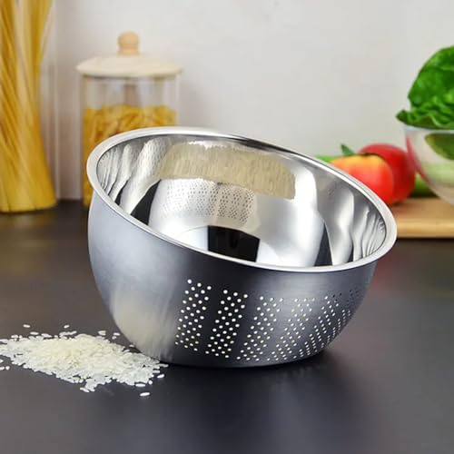 Image of KRESHU Stainless Steel 304 Food Grade 3-in-1 Bowls Vegetables Rice Washer with Side Drain Bowls Colander Strainer Basket Ideal for Kitchen Tools Vegetables, Rice, Fruits (26cm, Silver)