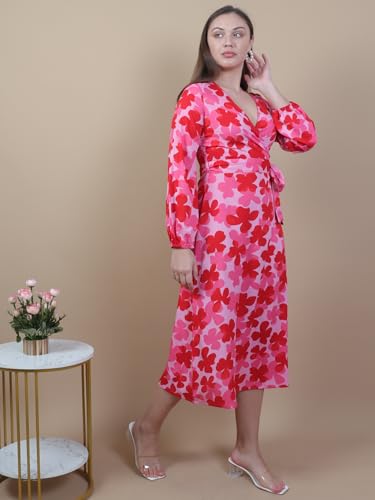 Image of Miga's Women 100% Poly Crepe, V-Neck, Printed and Puff Sleeve, Red, Fit & Flare Midi Dress