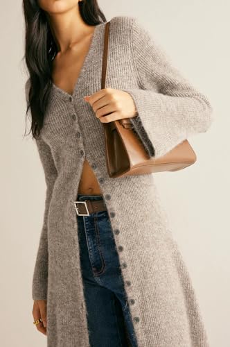 Womens V-Neck Button Maxi Cardigan Bell Long Sleeve Open Front Split Breasted Sweater Dress2