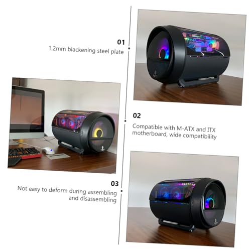 Gabinete circular transparente para computadora con enfriamiento por agua, diseño antivibración en acero negro compatible con placas madre ATX, pies estables para uso en escritorio para juegos y hogar miniatura 3
