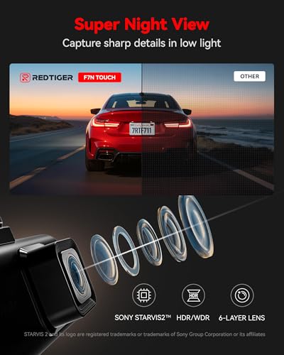 REDTIGER F7NT 4K Dual Channel Dash Cam, STARVIS 2 Sensor, 3.18" Touch Screen, Built-in 5GHz WiFi & GPS, Voice Control, Night View, WDR, Loop Recording, Parking Mode, 128GB Card Included