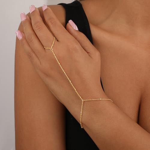 Hand Chain Bracelet for Women,Dainty 14K Gold/Silver Plated Finger Ring Chain Bracelet Cubic Zirconia Satellite Beads Hand Jewelry Body Trendy Jewelry Waterproof Gifts for Her2