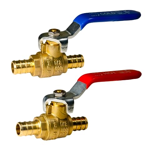 10 PACK XFITTING HOT (RED) COLD (BLUE) OF 1/2" PEX BRASS FULL PORT SHUT OFF BALL VALVE - 1/4" TURN (LEAD-FREE BRASS)