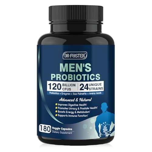 DRFOSTER Probiotics for Men Digestive Health 120 Billion CFUs Mens Probiotic with Enzymes & Prebiotics & Saw Palmetto & Cranberry for Gut Prostate & Urinary Tract Health Shelf Stable 180 Capsules