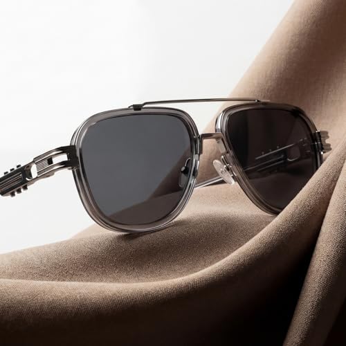Image of Men's Acetate Aviator Sunglasses - Sculptural Metal Frame with Structured Temple Detailing & UV400 Lens Protection