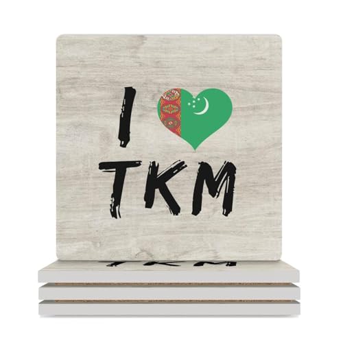 Lot de 4 dessous de verre en céramique avec drapeau du Turkménistan I Love Turkménistan pour protection de table, décoration de table basse pour la maison et la cuisine