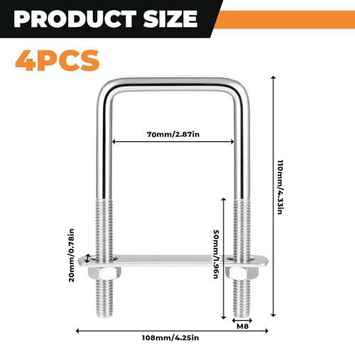 4 Stück Bügelschraube,M8 70 X 110 mm U Bügel Mit Gewinde,Edelstahl U Bügel Schrauben mit Muttern für Installation Ist Stabil Zurrbügel