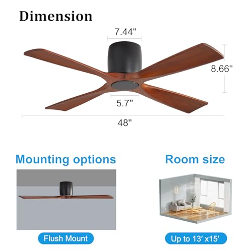 WINGBO 48 Inch Ceiling Fan Without Light, Solid Wood Flush Mount Ceiling Fan with Remote Control, Reversible DC Motor, 4 Blades,6-Speed Quiet Performance, for Bedroom & Living Room, Matte Black+Walnut by WINGBO - Used condition - Image 9