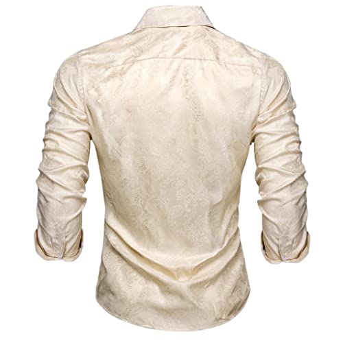 Ivory Champagne Paisley Silk Men's Shirtlong Sleeve Casual Shirts for Men Jacquard Male Business Party Wedding Dress3