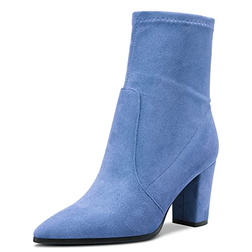 Aachcol Women Mid Calf Boots Pointed Toe High Chunky Block Heel Suede Zipper 3 Inch