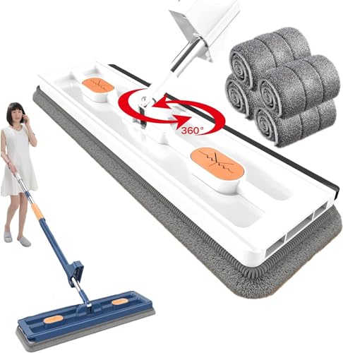 新型手洗い不要モップ 、42CM手洗い不要モップ フロアモップ モップ絞り器付き 乾湿両用 360度回転 掃除モップ 回転モップ 掃除用品 ハンズフリーモップで簡単お掃除 フラットモップ 水拭きモップ フロアモップ 交換パッド4枚 (ホワイト)