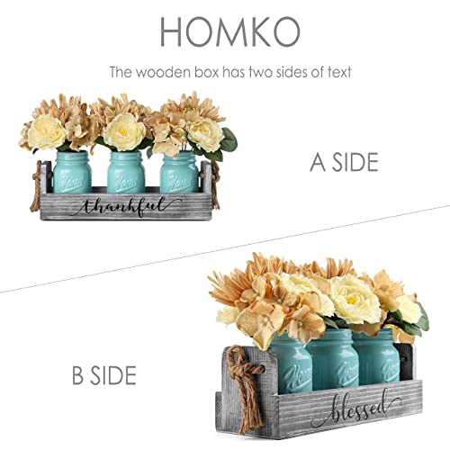Homko Mason Jar Centerpiece Set With Artificial Flower, Kitchen Table Decor Centerpiece In Farmhouse Rustic Style For Flatware Organizer, Flower Arrangement, Garden Wedding (Blue, Medium) #TOP5