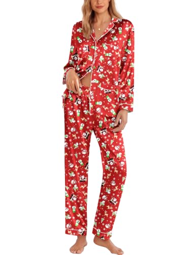 Image of Ekouaer Pajamas for Women Silk Satin Button Down Long Sleeve Pajama Sets