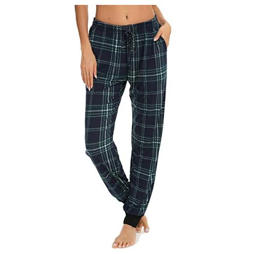 Vlazom Dam rutiga pyjamasbyxor mjuka pyjamasbyxor för kvinnor jogging byxor långa ogenomskinliga sportbyxor idealiska för sömn, löpning och promenader, Mörkblå, M