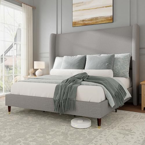 Jocisland Queen Upholstered Platform Bed Frame with 51.2' Tall Wingback Headboard–Solid Wood Legs, No Box Spring Needed, Light Grey Linen–Modern Style for Any Bedroom