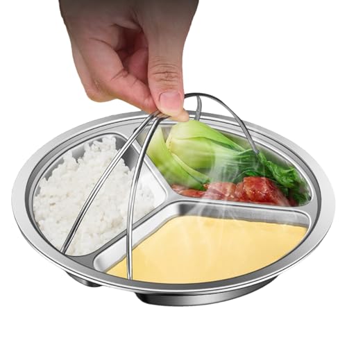 Cesta de vapor multiusos, pequeña con 3 compartimentos: aproximadamente 19 x 19 x 3 cm, bandeja de vapor compartimentada, diseño de mango ergonómico, acero inoxidable, perfecta para eficiencia
