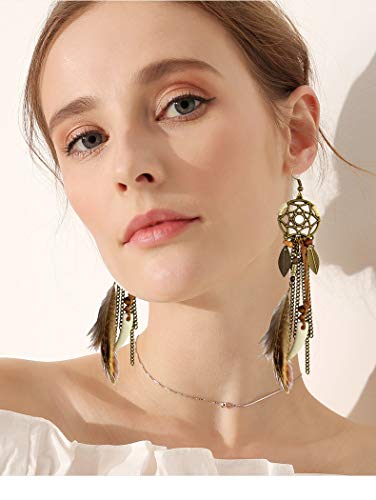 Punk Vintage Long Tassel Feather Beads Drop Wolf Tooth Pendant Earring Fish Hook Earrings (Brown A) #TOP1