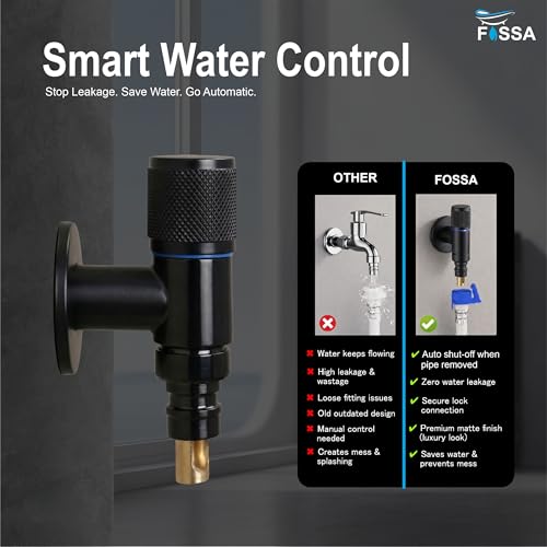 Image of Fossa Galaxy Washing Machine Faucet Stainless Steel - Wall Mounted Water Tap for Toilet, Dishwasher, Laundry | Space-Efficient Multi-Use Angle Cock with Easy Grip Control | Black (Matte Finish)