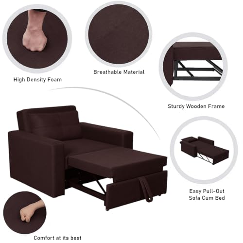 Image of CASASTYLE Seria 1 Seater Pull-Out Premium Fabric Sofa Cum Bed Sofa Set for Living Room (Brown Fabric)