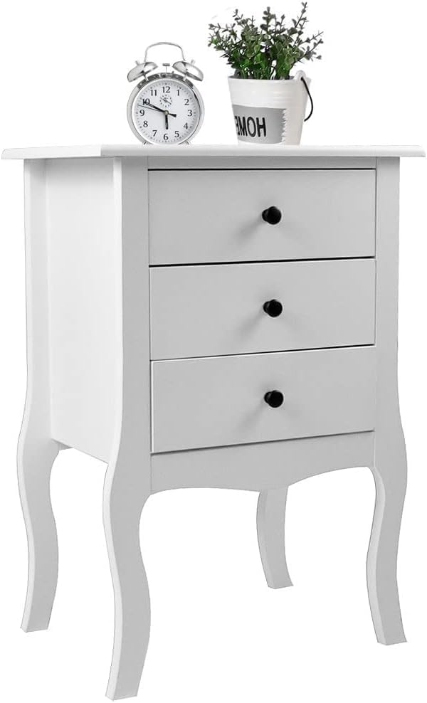White Nightstand Side Table with 3 Drawers, Modern Bed Side Storage Cabinet Table Wooden End Table Accent Table with Solid Wood Legs for Bedroom