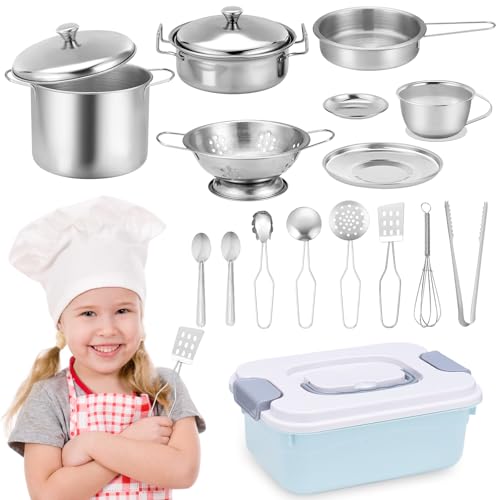 Tismels Juguetes de Cocina para niños Accesorios, 18 Piezas Juguetes de Chef para Niños, Juego de Cocina en Acero Inoxidable para Niños y Niñas