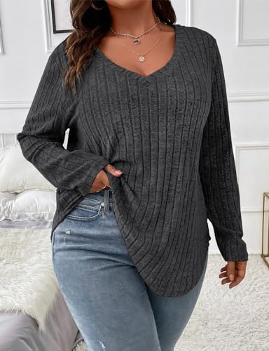 Image of Koscacy Women Plus Size Casual Knit Sweater V Neck Solid Color Tops Lightweight Long Sleeve Blouses