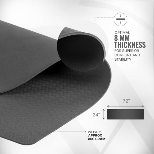 Image of WiseLife Classic Eco-TPE 8MM Yoga Mat with Yoga Strap for Men & Women | Extra Thick, Long & Wide Non-Slip, Anti-Tear Exercise Mat for Home, Gym, Workout, Fitness, Yoga & Pilates (Black)