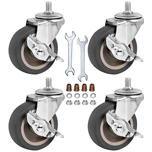 caster wheels 3 inch stem casters set of 4 heavy duty swivel wheel with brake metric size m8-125-15 screw diameter 8mm screw length 15mm casters for workbench trolley furniture dolly