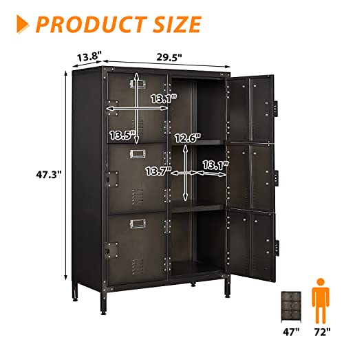 Image of Metal Locker Storage Cabinet, 47.3 inch Employees Locker with 6 Doors, Steel Retro Wardrobe with Adjustable Feet for Home, Office, Gym, School