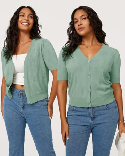 Image of Arach&Cloz Women's Lightweight Spring Summer Business Casual Cropped Short Sleeve Cardigan