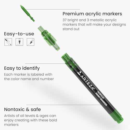 Arteza Acrylic Paint Markers, Set of 40 Acrylic Paint Pens in Assorted Colors, Art & Craft Supplies for Glass, Pottery, Ceramic, Rock, Canvas Painting