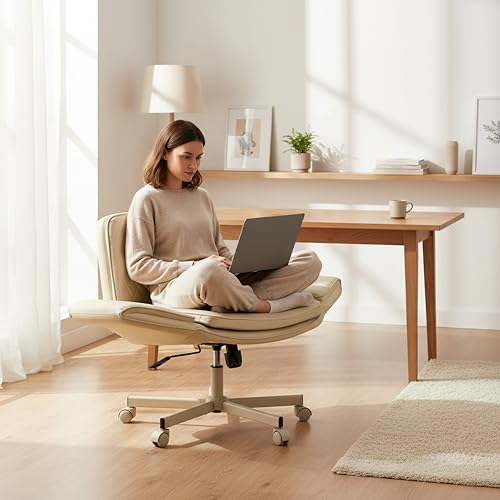 hjh LIVING Home Office Bürostuhl Criss-Cross 10 Bequemer Schneidersitz Stuhl extra breite Sitzfläche klappbare Armlehnen ergonomisch & höhenverstellbar Beige