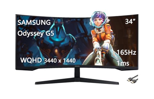 Image of Samsung 34 inch Odyssey G5 Series WQHD Gaming Monitor, 1000R UltraWide Curved, 165Hz, 1ms, FreeSync Premium, Black, with HDMI Cable
