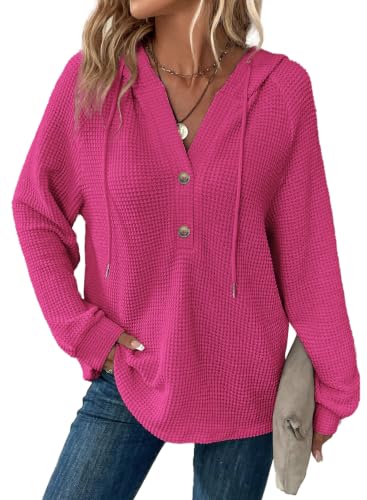 Image of Dokotoo Hoodies for Women Waffle Knit Button V Neck Casual Sweatshirt Tops