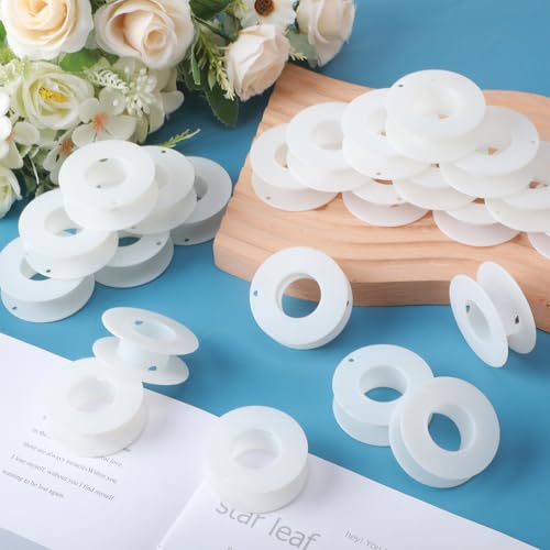 Image of Weysat 60 Pack Empty Plastic Spools for Storing Chains and Ribbons White Wire Weaving Bobbins Thread Spools Ribbon Chain Tape Spools for Embroidery Thread Yarn Ribbon Crafts Sewing 2.2x0.79 Inch