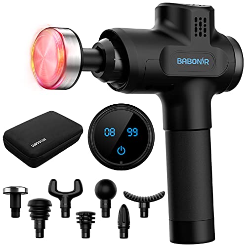 Massage Gun Deep Tissue Babonir Percussion Muscle Massager Heat Function Relieve Pain Sore Stiff for Marathon Runner Triathlete Quiet Portable 8 Power Settings 7 Heads Gift for Man