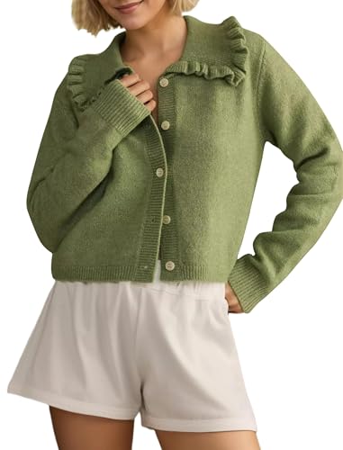 Image of Women Ruffle Collar Button Down Cropped Cardigan Long Sleeve Open Front Knit Sweaters Peplum Sweater Crop Jacket Tops