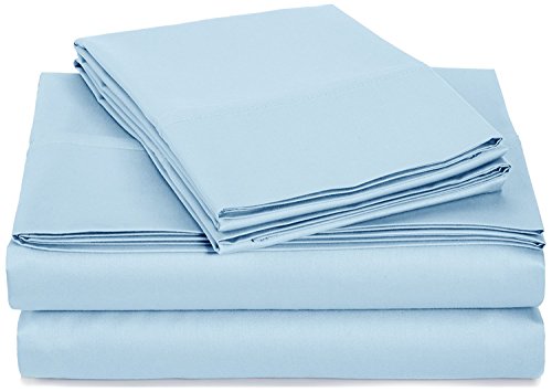 Ras Decor Linen TOP Split King 100% Cotton 600 Thread Count, Split Head Bed Sheet Set - 1 Fitted Sheet with 32" Split TOP, 1 King Flat Sheet and 2 King Pillowcases (Split King, Light Blue Solid)