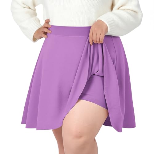 Image of TRIWORKS Plus Size Purple Mini Skater Skirt with Shorts Women's Basic A-Line Tennis Skirts Casual Stretchy High Waist Flared Pleated Skirt XL