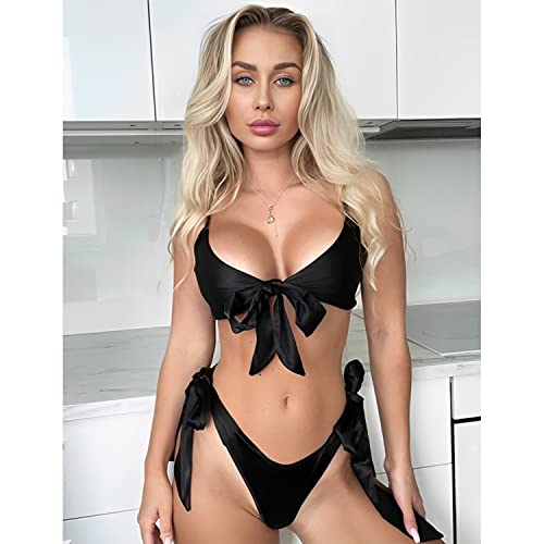 FEBEUL Women's Two Piece Bow Tie Silk Satin Strap Bralette Bra and Panty Bikni Babydoll Lingerie Set