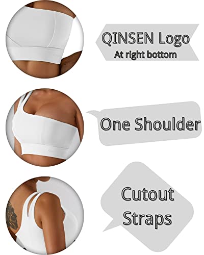 Qinsen Woman's Hollow Out One Shoulder Strap Sports Gym Workout Crop Top White S #TOP4