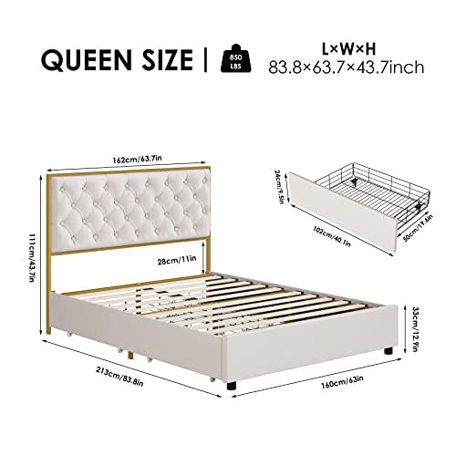 Hifit Queen Bed Frame With 4 Storage Drawers, Upholstered Queen Platform Bed Frame With Button Tufted Headboard, Heavy Duty Mattress Foundation With Wooden Slats, No Box Spring Needed, Golden & Beige #TOP1