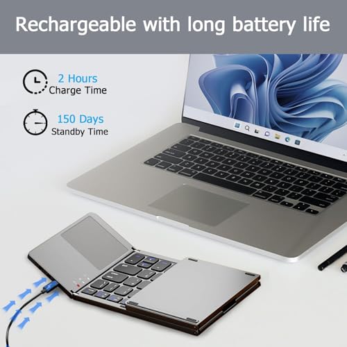 Image of XIKKART Foldable Bluetooth Keyboard with Touchpad - Portable Wireless Keyboard, Rechargeable Battery Full Size Ultra Slim Pocket Size Folding Keyboards for Android Windows iOS Tablet & Laptop - Black